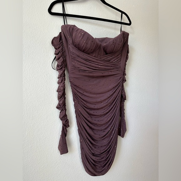 Alex Perry Koda Crystal Brown Dusty Rose Mini Dress - Picture 7 of 11